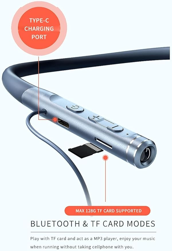 Neckband Bluetooth Headphones Wireless Earbuds with Microphone Flashlight Around the Neck Waterproof Sport Headset Noise Cancelling Ear Buds 120H Playtime for Running Cycling Cell Phone Android iOS - Image 2