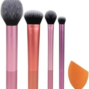 UR Everyday Essentials Makeup Brush Set, 4 Make-up Brushes and 1 Makeup Blender Sponges Kit, Soft Bristles for Blush, Eyeshadow, Foundation and Powder, Travel,4pcs Set