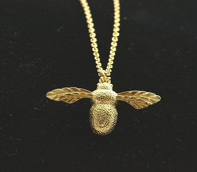 Gold Plated Sterling Silver (Vermeil) Bumble Bee Pendant Necklace with Intricate Details - Image 3