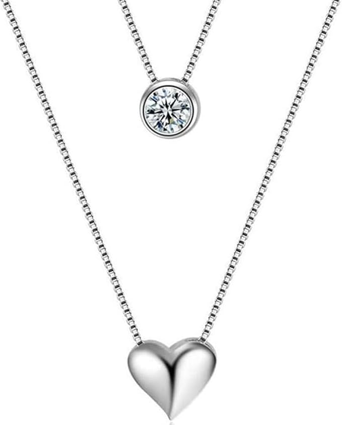 925 Sterling Silver Heart Crystal Pendant Necklace, Double Layer, 42cm Chain, Silver - Image 3