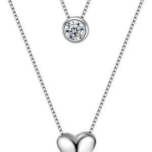925 Sterling Silver Heart Crystal Pendant Necklace, Double Layer, 42cm Chain, Silver