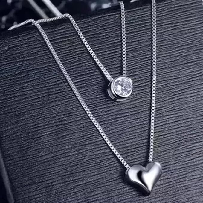 925 Sterling Silver Heart Crystal Pendant Necklace, Double Layer, 42cm Chain, Silver - Image 2