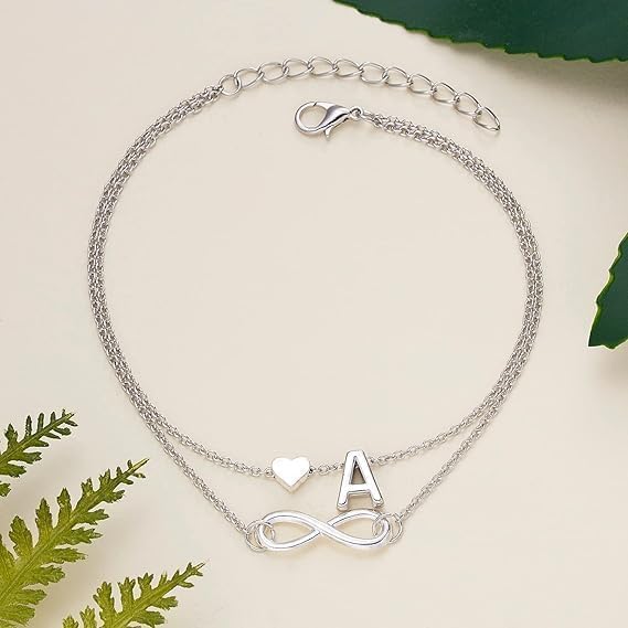 New! Silver Multi Layer Infinity Love Heart Initial Letter Chain Anklet Bracelet Gift, Bracelet 26 Letters Anklets Charm Heart Female Bangle Women Birthday Jewellery - Image 2