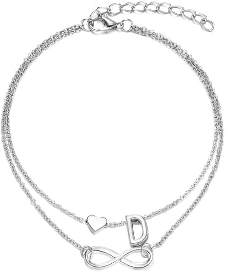 New! Silver Multi Layer Infinity Love Heart Initial Letter Chain Anklet Bracelet Gift, Bracelet 26 Letters Anklets Charm Heart Female Bangle Women Birthday Jewellery